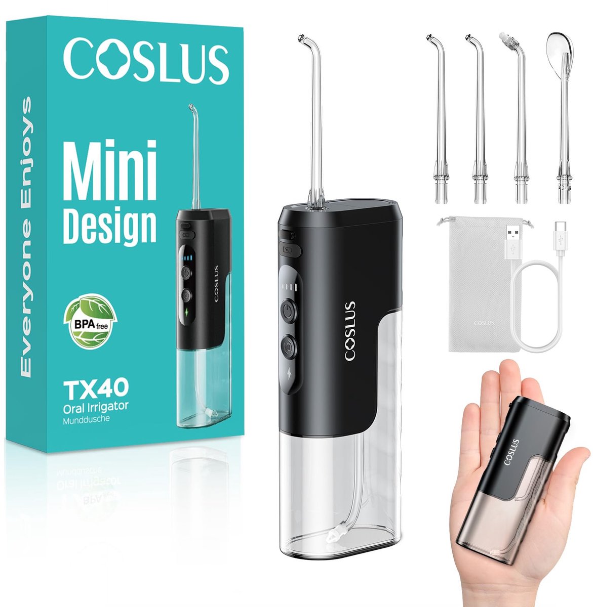 Waterflosser Compact – 4 Standen – 4 Opzetstukken – IPX7 Waterdicht – USB-C – Tot 30 Dagen Accu