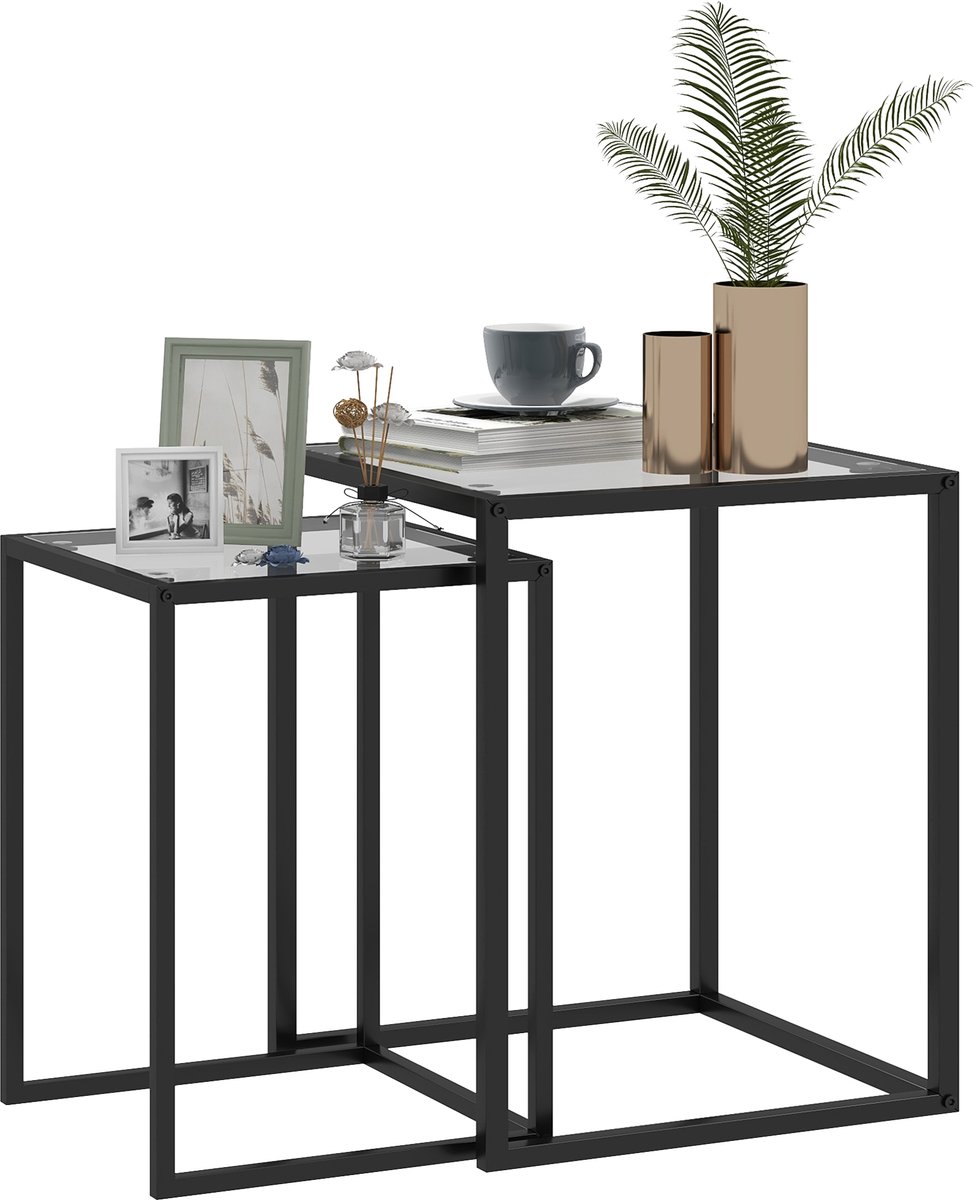 Set van 2 stapelbare bijzettafels — stalen frame met tafelblad van gehard glas — antislipvoetjes — zwart