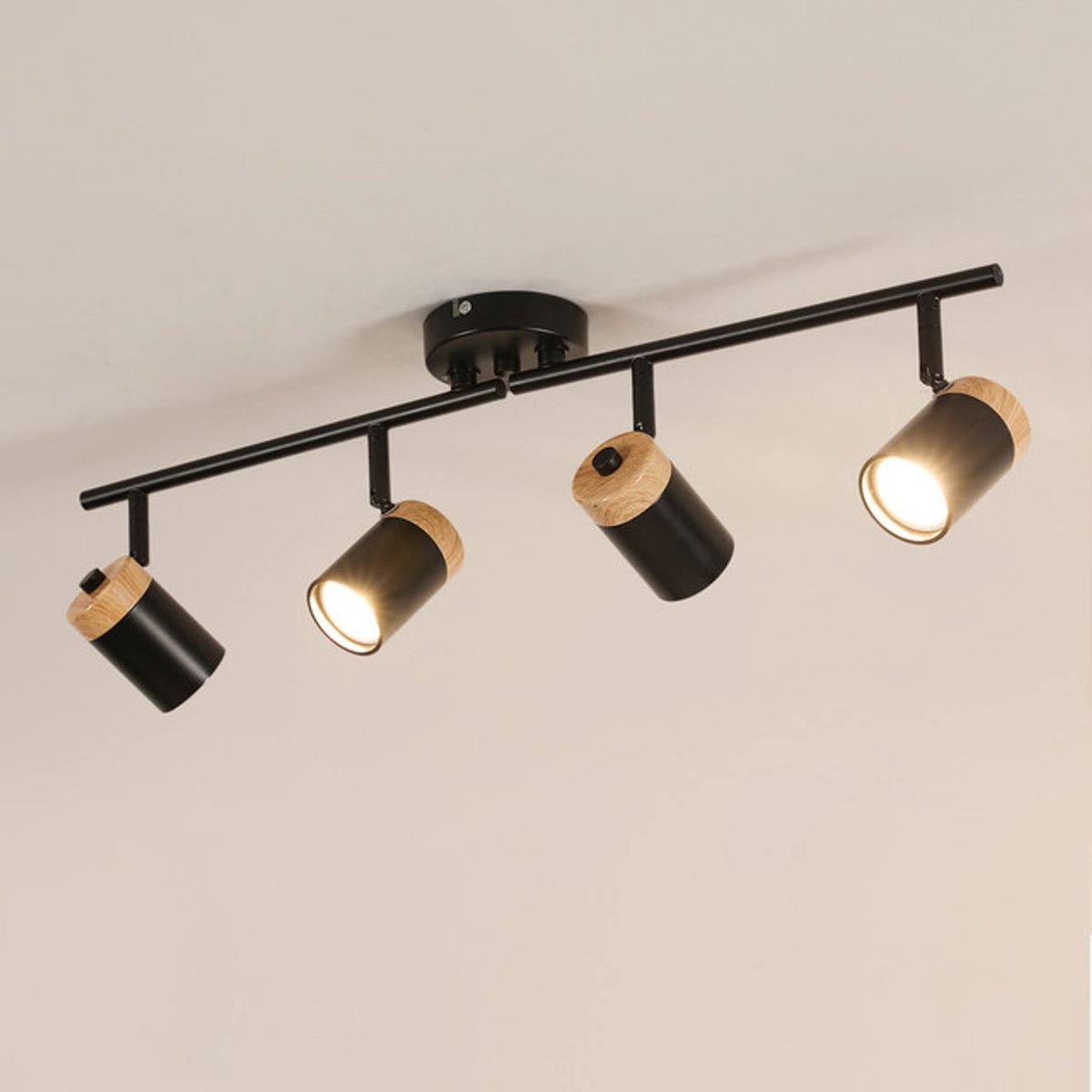 Riserva Plafondlamp modern minimalistisch cilindervormig zwart‑houtkleur, 4‑lichts GU10 fitting max 60W zonder lamp, verstelbaar 350°/180°, aluminium, voor woonkamer slaapkamer keuken
