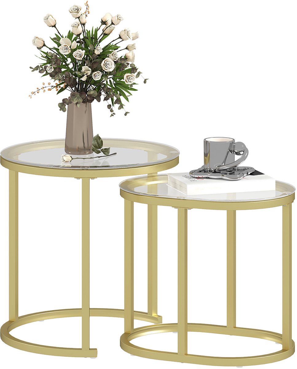 2-delige salontafelset – vergulde randen – tafelblad van gehard glas – moderne ronde salontafel – geschikt voor in de woonkamer of slaapkamer