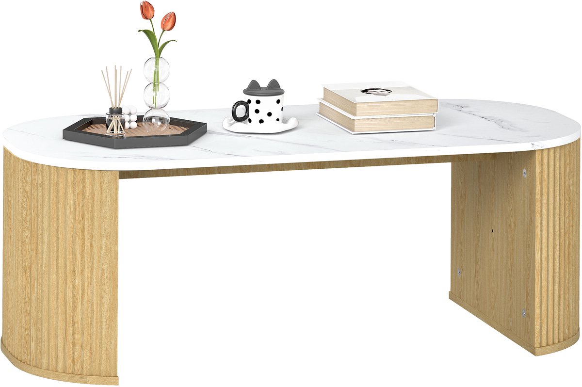 Ovale salontafel — salontafel met marmerlook — afgeronde hoeken — dikke poten — 110 x 50 x 40 cm — wit