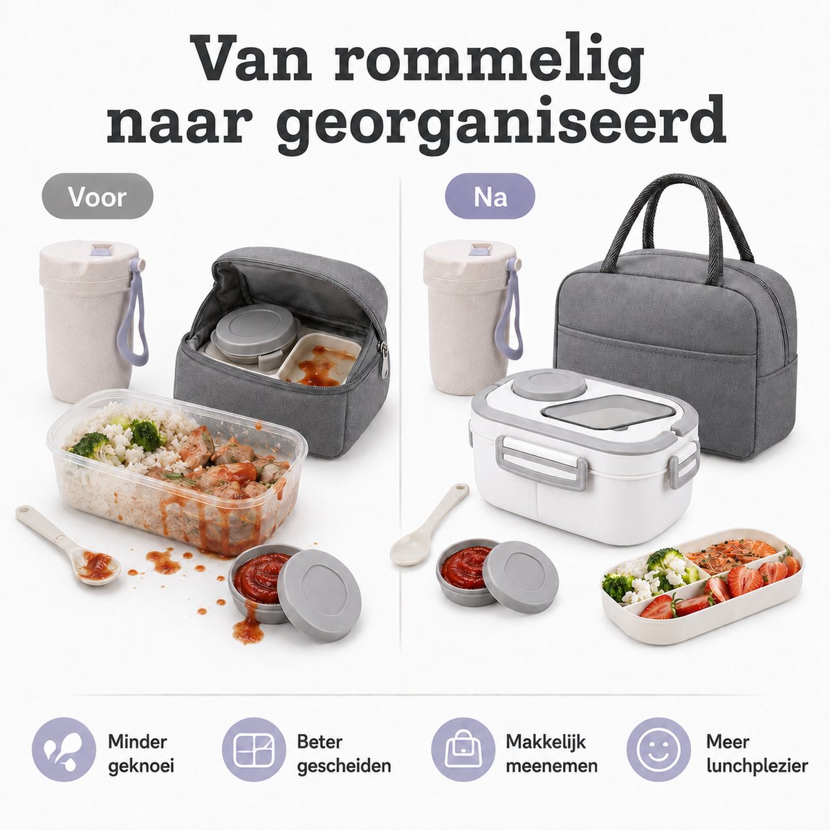 Bobypet - Lunchbox Set met Geïsoleerde Lunchtas- 1200ml - 2-Laags Stapelbare Broodtrommel met Vakjes - Lekvrij en BPA-Vrij - Inclusief Bestek, Sausbakje en Waterbeker - Geschikt voor Magnetron -Wit — cadeau in Koken & Dineren - foto 7