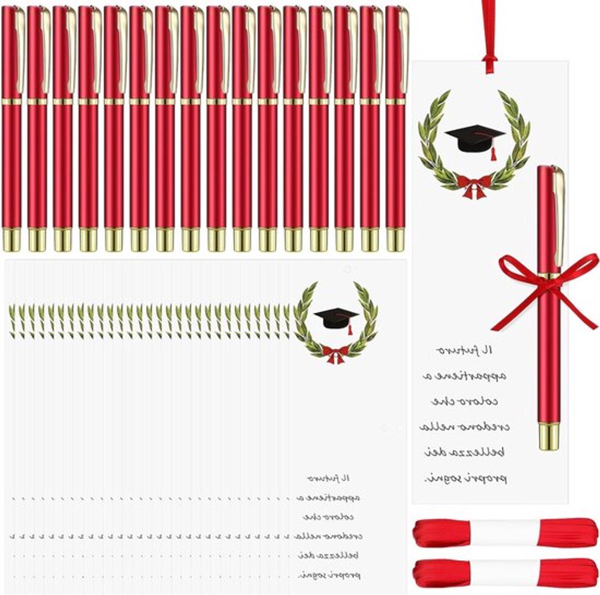 Afgestudeerd Cadeauset met Tafelkaarten, 30 Stuks, Boekmerk met Quote, Afstudeerhoed, Rode Gelpen en Rode Lintrol voor een Onvergetelijke Afstudeerfeest.