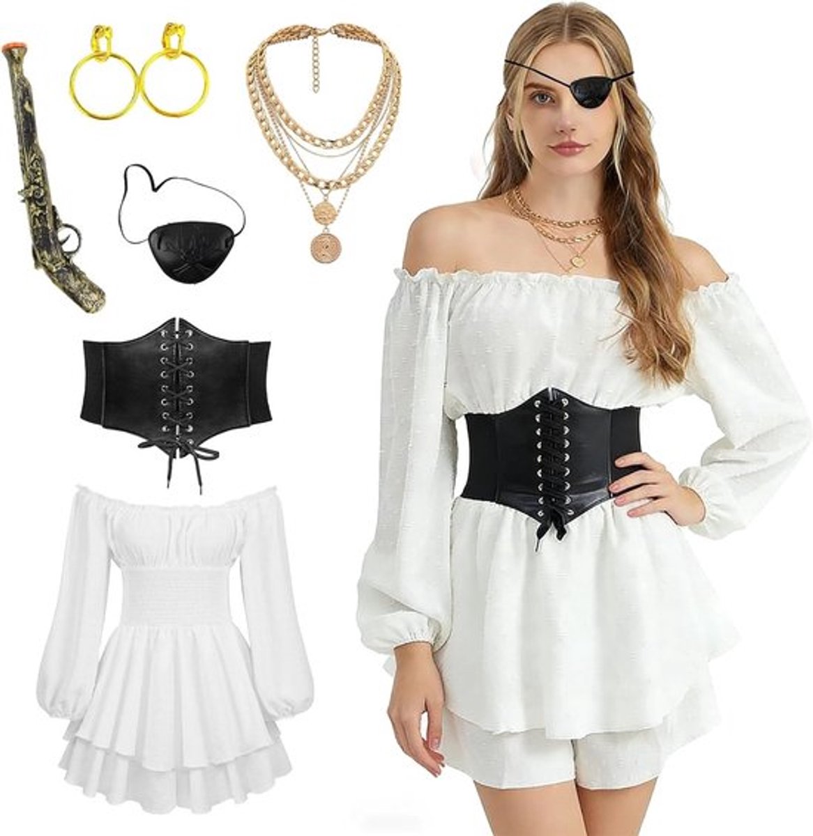 Vrouwen Piratenkostuum met Witte Middeleeuwse Blouse, Corsetriem en Piratenaccessoires voor Halloween en Carnaval