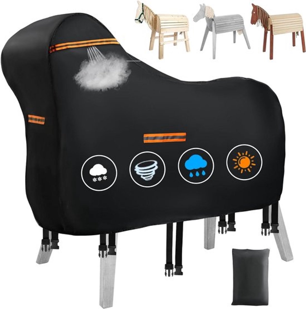 Waterdichte afdekking 420D Oxford voor houten paard - UV-bestendig - Universeel tuinpaard afdekzeil met reflecterende strepen