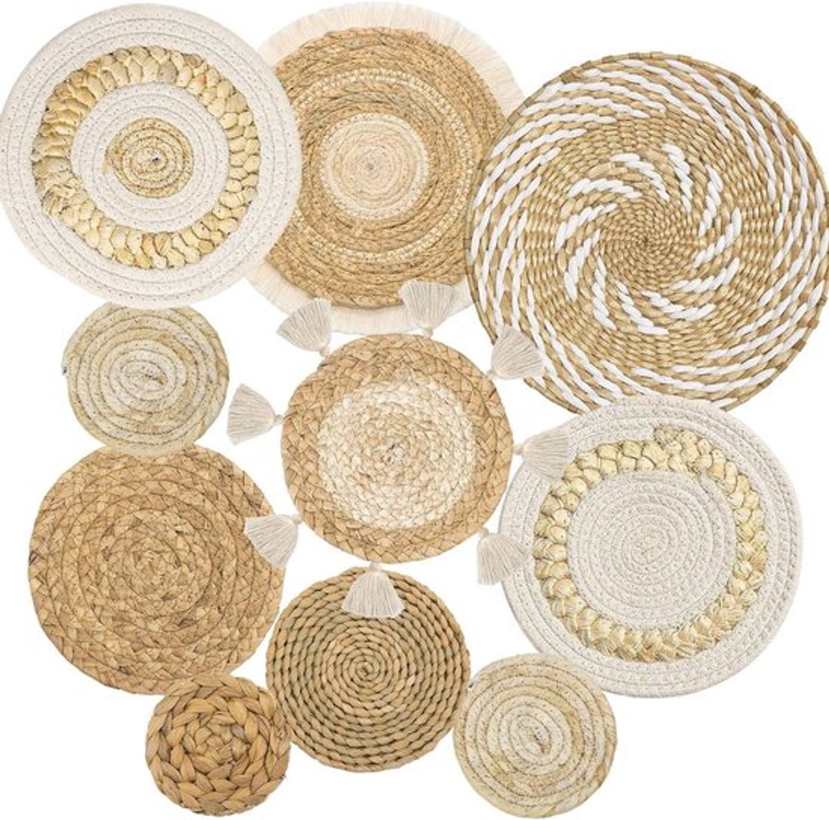 Set van 10 Boho Wanddecoraties van Riet - Handgemaakte Ronde Wandmanden en Bloemdecoraties voor Woonkamer, Slaapkamer en Kinderkamer