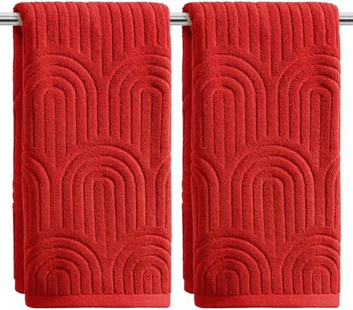 Set van 2 Zachte Badhanddoeken met 3D Rood Gebogen Strepen