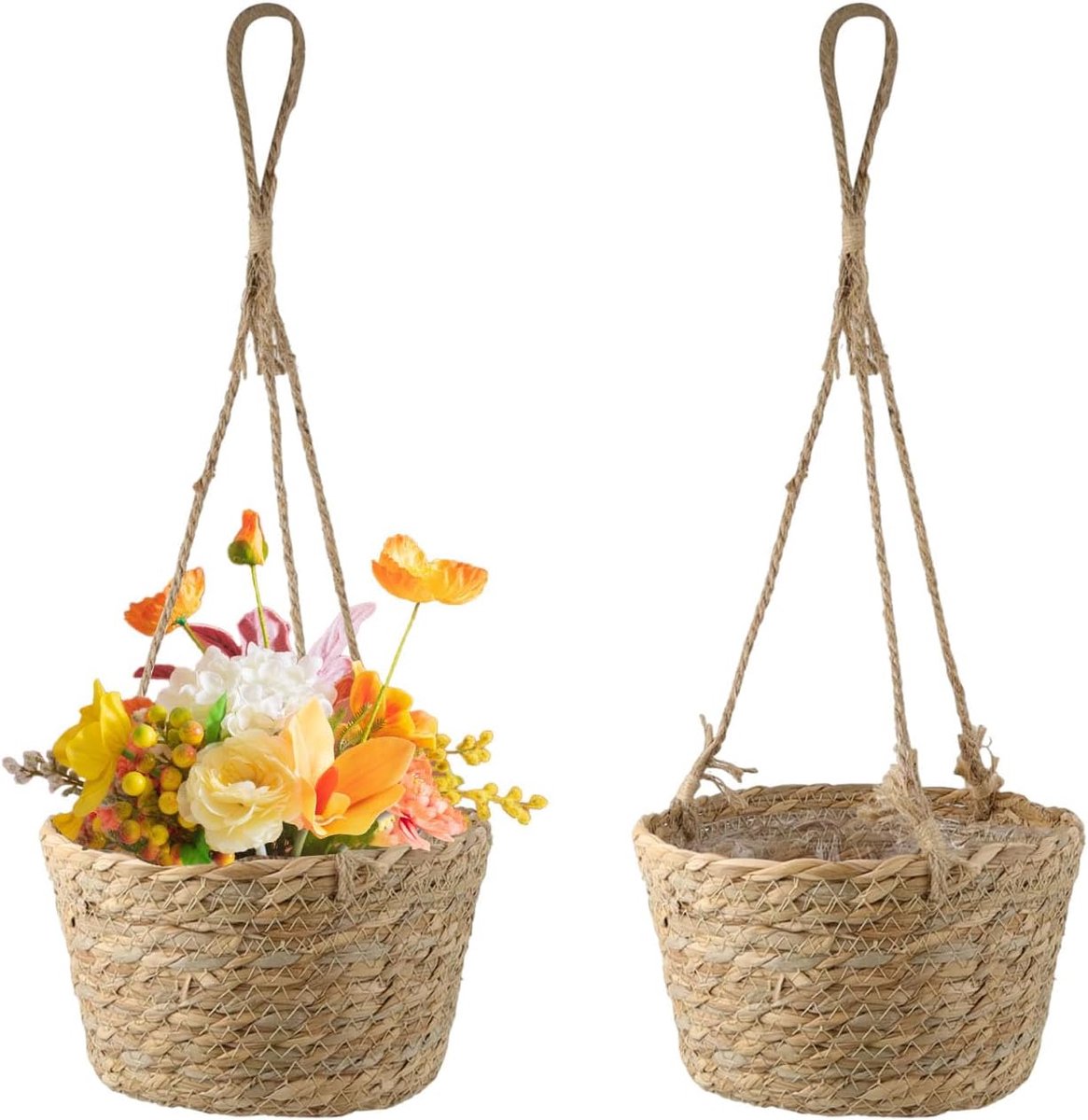 Hangende manden - Zeegras manden - Planten decoreren - Waterdichte voering - 20 x 12 cm - Kaki