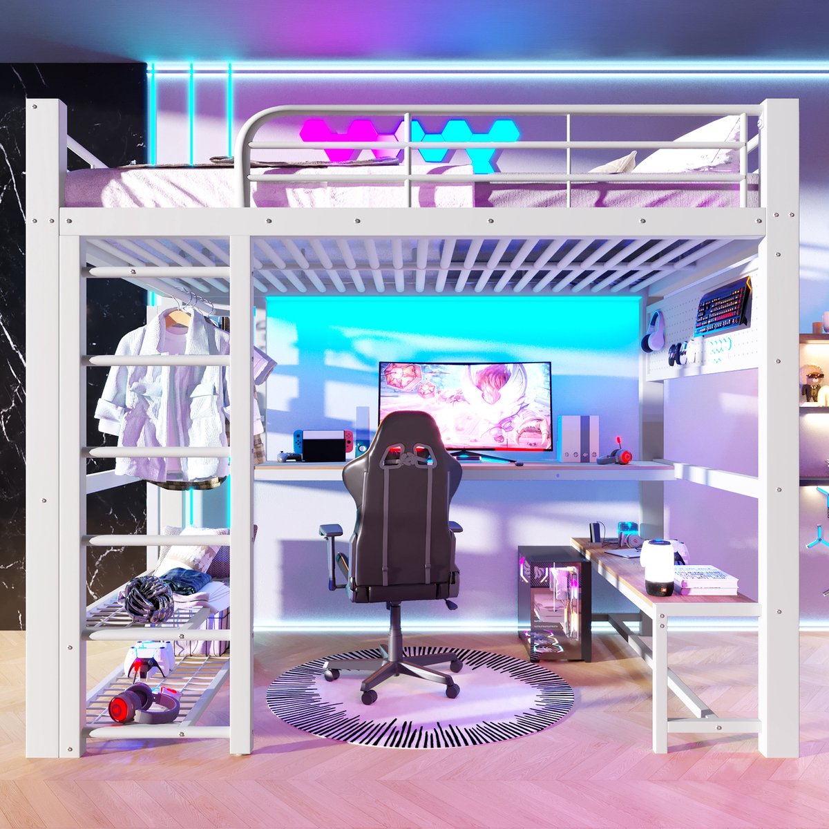 Hoogslaper 140x200 cm - Met LED-Verlichting - Met Opbergruimte - Met Ladder - Wit