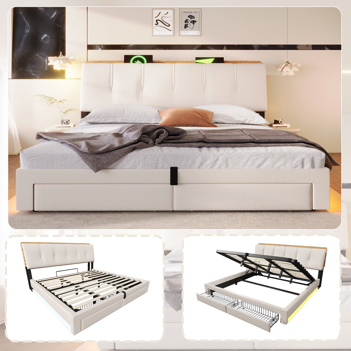 Gestoffeerd Bed 180x200 cm - Met LED-Verlichting - Met Opbergruimte - Met Lades - Beige