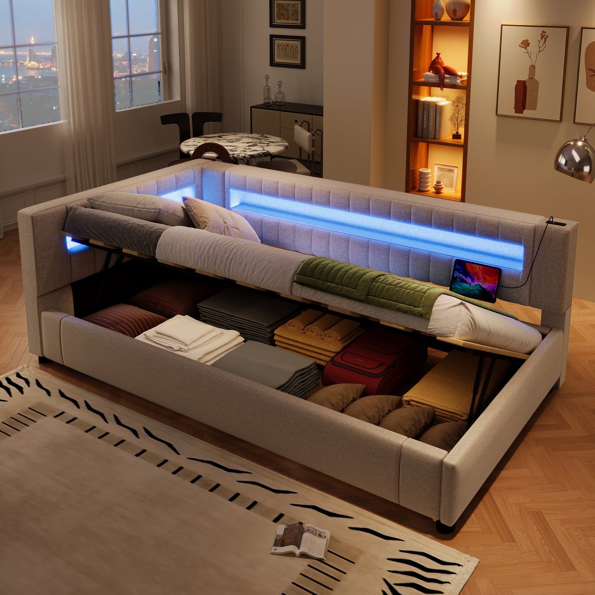 Dagbed 90x200 cm - Met LED-Verlichting - Met Opbergruimte - Met USB-Oplaadpunt - Beige