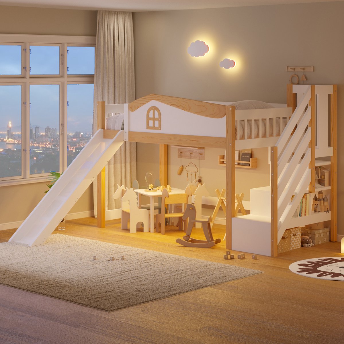 Halfhoogslaper 90x200 cm - Met LED-Verlichting - Met Opbergruimte - Met Ladder - Wit