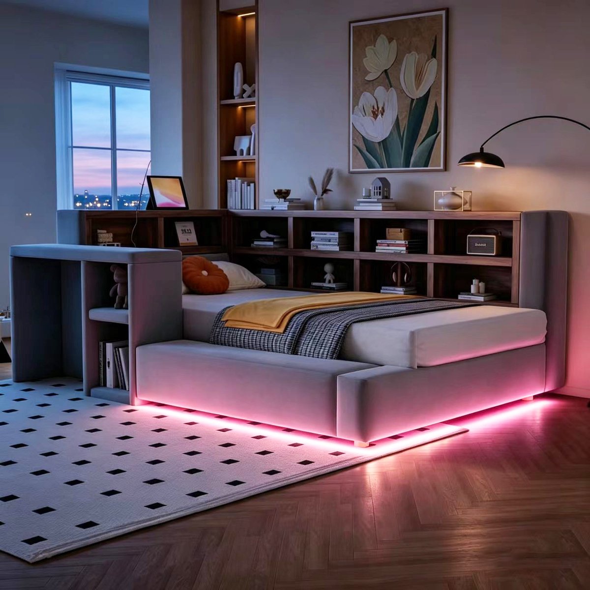 Gestoffeerd Bed 90x200 cm Zonder Matras - Bed Met Opbergruimte, Bureau En Ledverlichting - Comfortabel Hoofdbord - Donkergrijs