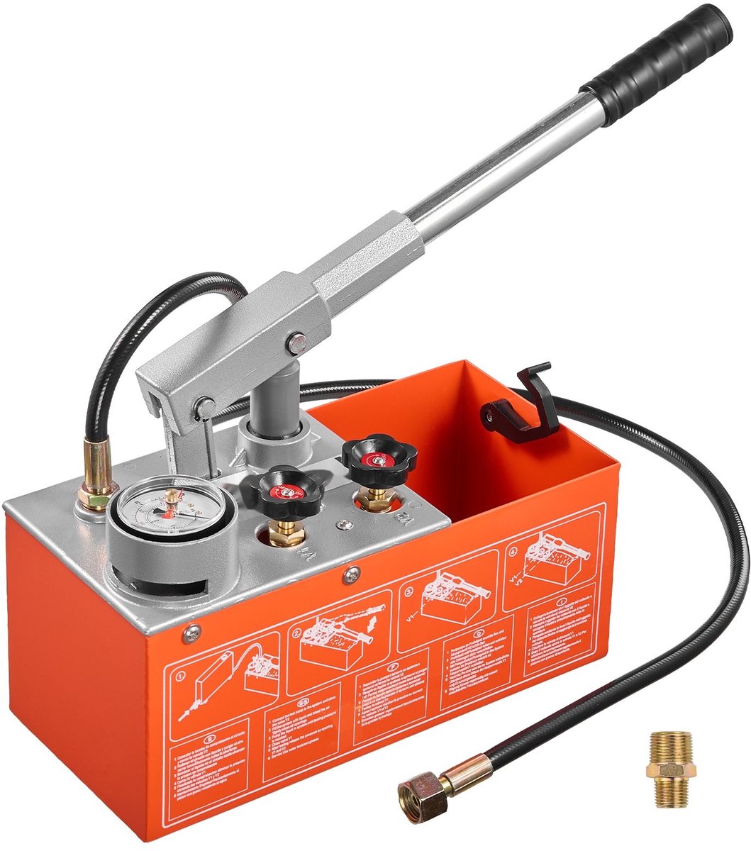 Hydraulische druktestpomp - Handmatige drukpomp - 6,06 L tank - 0-30 bar - Dubbele klep - Met manometer - Voor leidingen en verwarmingssystemen