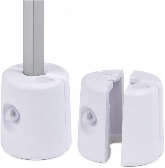 Een witte, vulbare partytent voet, opgesplitst in twee delen om een paal te plaatsen.
