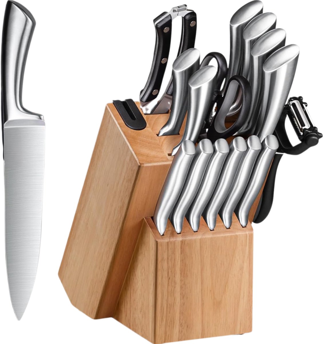 Zavio® Messenset met Blok - Messensets - Messenblok - Koksmessen - Keukenmessen Set - Eik en Zilver