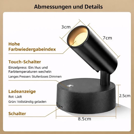 Draadloze oplaadbare USB-led-wandspot (4000 mAh) | Leeslamp met afstandsbediening & touchbediening – Ingebouwde timer; geschikt voor planten, kunst, kasten, slaapkamers, woonkamers – 1 stuk [Energieklasse F] — afbeelding 2