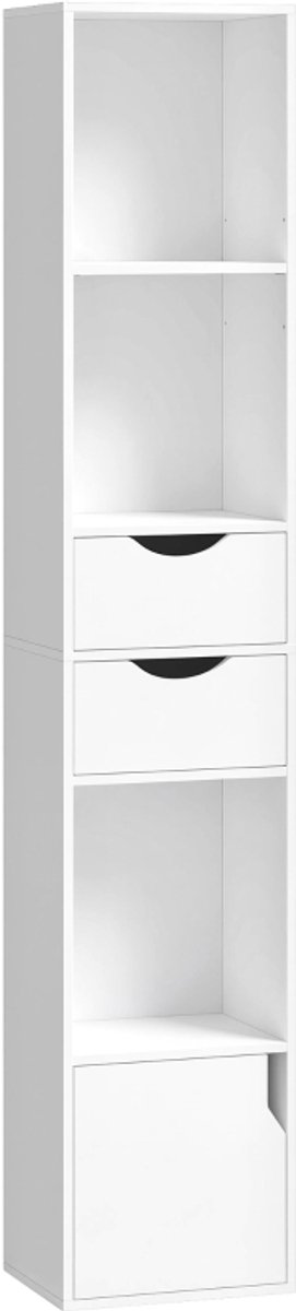 Opbergkasten - Smalle Boekenkast met 2 Laden en 3 Open Planken - Voor Kantoor en Slaapkamer - 30 x 24 x 158 cm - Wit