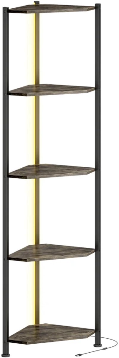 Opbergkasten - Hoekplank met 5 Lagen en LED-verlichting - Voor Woonkamer, Slaapkamer en Kantoor - Rustiek Bruin