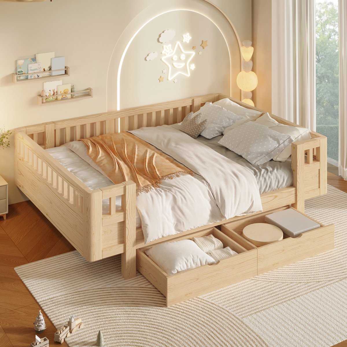 Kinderbed, Platformbed Van 140X200 cm Met Hoge Veiligheidsrail En Twee Grote Lades-Natuurlijk