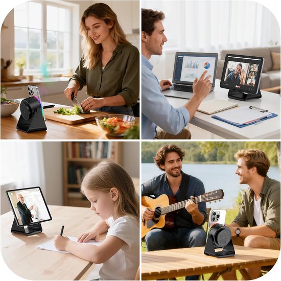 Draadloze inductie Bluetooth luidspreker 5-in-1, 360° draaibare telefoonhouder en sfeerverlichting in diverse kleuren, geschikt voor iPhone, iPad, Android en tablets, perfect verjaardagscadeau voor mannen en vrouwen（zwart） — afbeelding 3