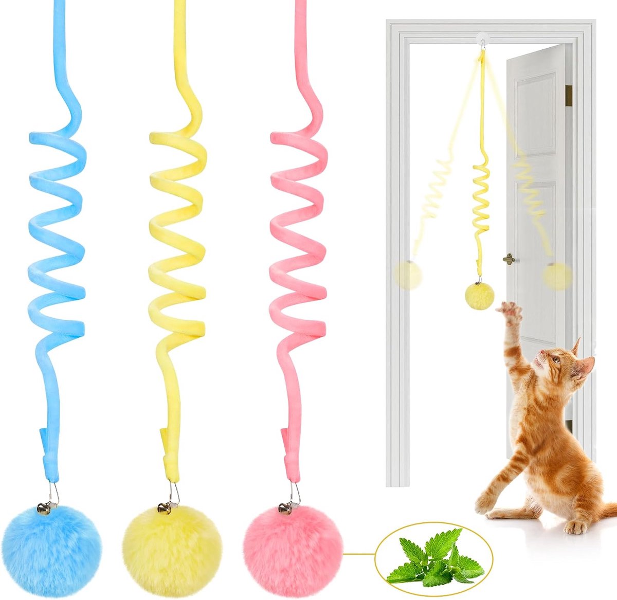 KZQ Kattenspeelgoed - Hangend pluche speeltje met bel en kattenkruid, interactief en telescopisch - Stimuleert jachtinstinct, beweging en spel - Voor binnenkatten, 3 stuks, 40 cm