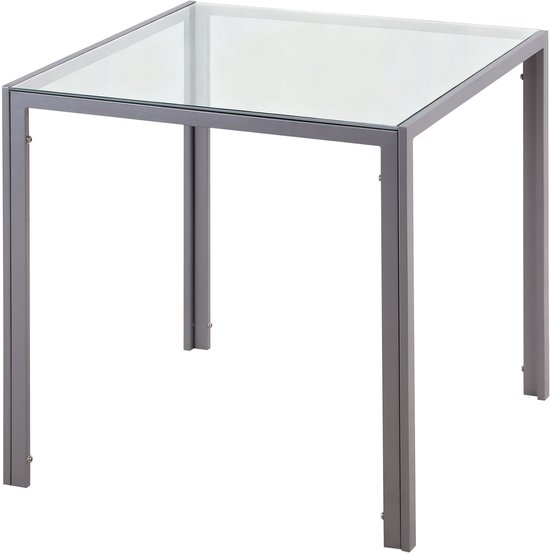 Vierkante tafel met glazen blad en grijs metalen frame.