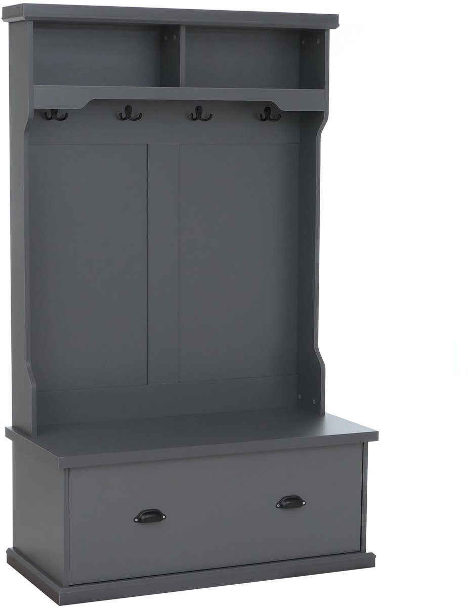 MCW Garderobekast MCW-P27, halgarderobekast, houten garderobekast met zitbank, 4 haken, opbergvak, melamine, 163x100x47 cm ~ donkergrijs