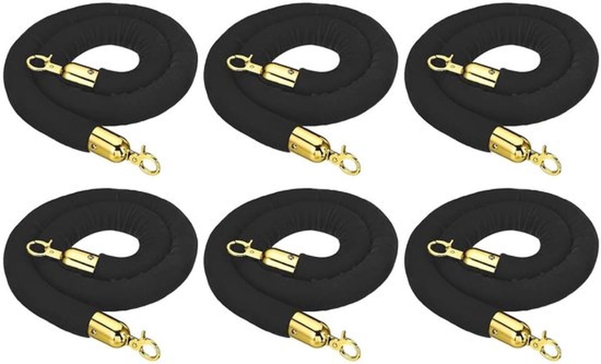 Zwarte Fluwelen Stand Touw Set van 6 Stuks met Snap Hooks voor Polen en Wachtrijbeheer in Hotels en Theaters