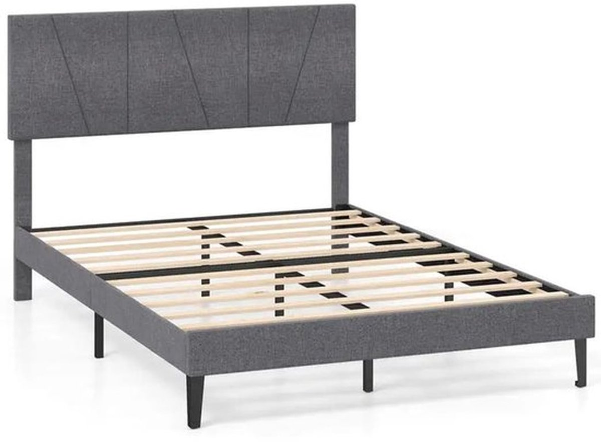 140 x 200 cm tweepersoonsbedframe met in hoogte verstelbaar geometrisch hoofdeinde, donkergrijs.