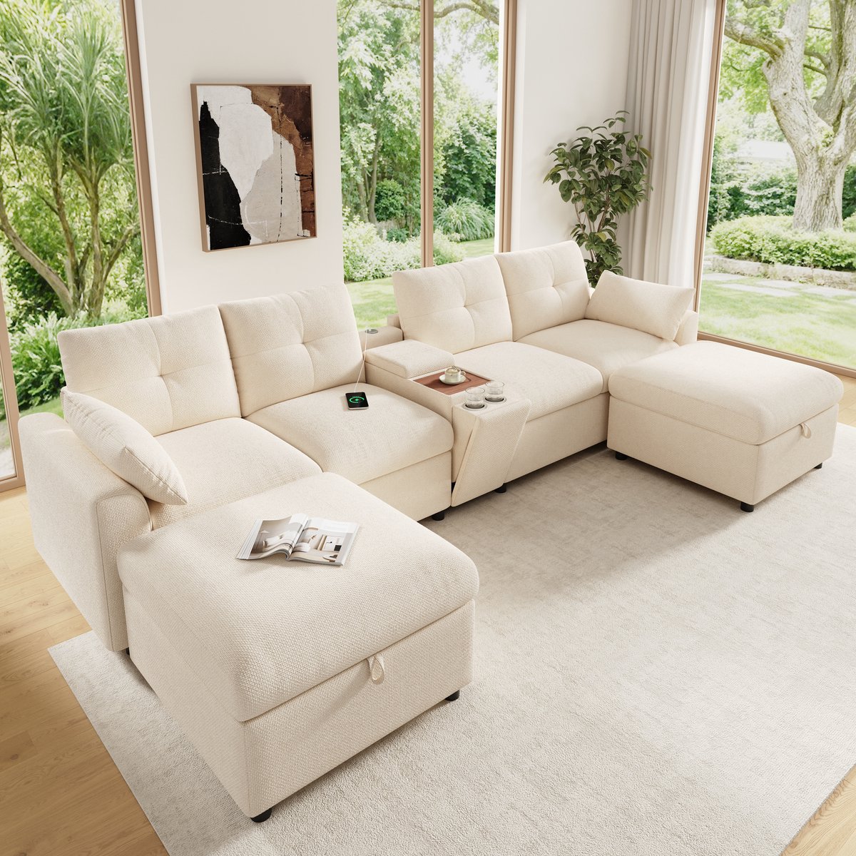 MODFU - Hoekbank - U-Vorm - 6-Zits - Met Opbergruimte - Chenille - Beige