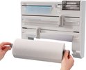 Support gris pour rouleau de cuisine, papier aluminium et film alimentaire avec un rouleau de cuisine dedans.