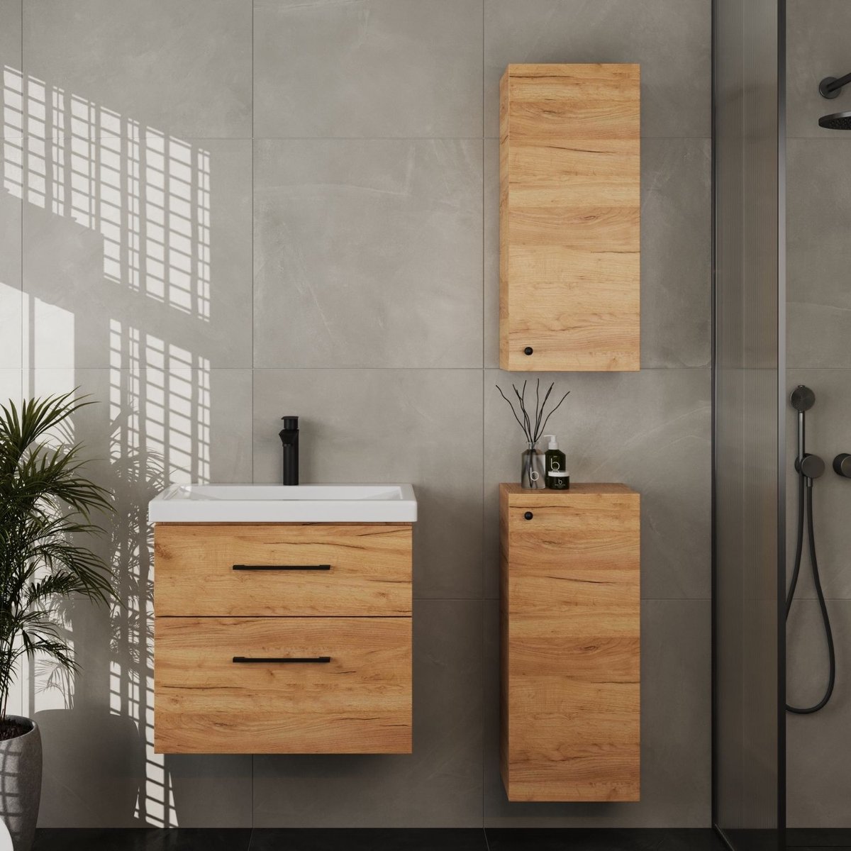Planetmöbel Badkamermeubel Set 63 cm – Goud Eiken – Keramische Wastafel met 2 Midikasten 32 cm – 2 Lades – Soft-Close – Ruimtebesparend