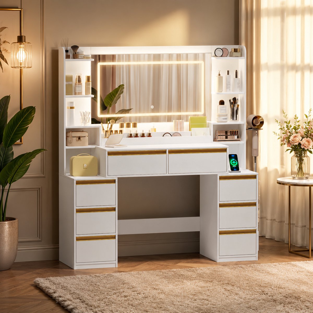 Kaptafel met Grote Spiegel en 8 Laden – Wit, 40 x 135 x 145,2 cm