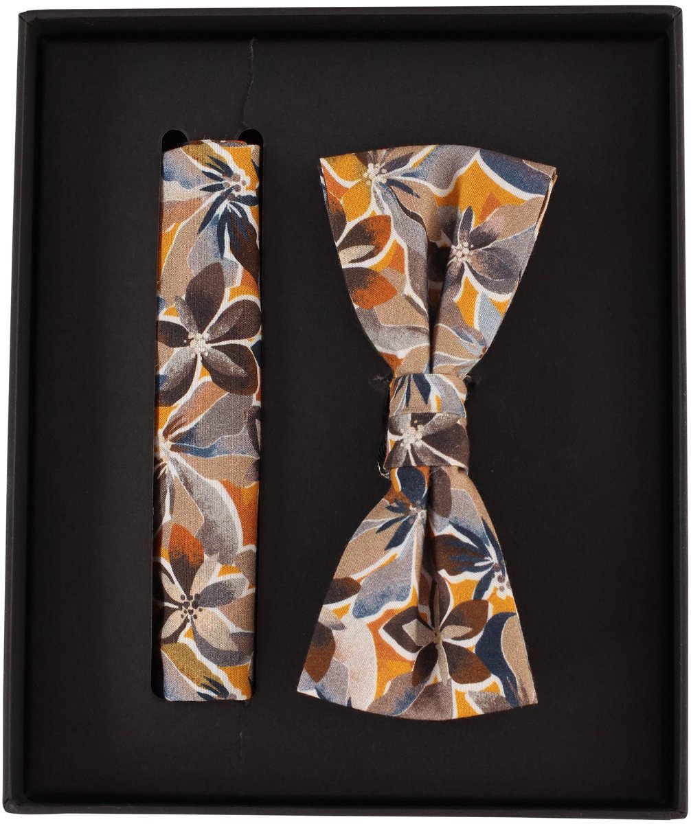 VENTI set met vlinderdas en pochet - beige met blauw en bruin dessin