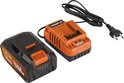 Oranje Powerplus oplader met zwarte Dual Power batterij en stekker.