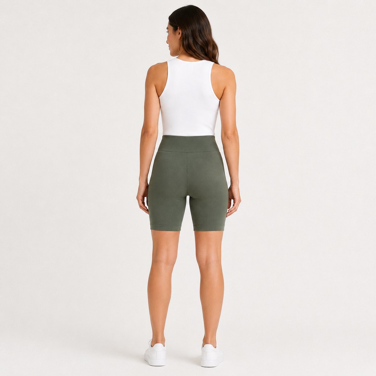 Korte Legging Dames – Biker Short Dames – High Waist Ribbed Sportlegging – Katoen – Olijfgroen – M