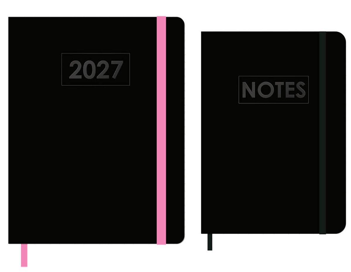 MGPcards - A5+ Agenda 2027 - Weekoverzicht 1w/2p - Zwart + Roze elastiek - 19.5 x 24.5 cm + Notitieboekje/opschrijfboekje - gelinieerd - 80 pagina's - A5 - Zwart