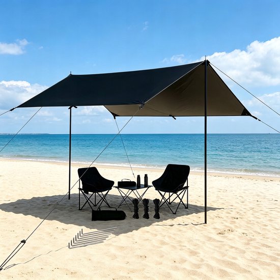 Camping Tarp - Zonneschermzeil - Schaduwdoek Luifel - 300x300 cm - 3-4 Personen - 210D Oxford - Waterdicht & Scheurvast - UV Beschermend & Zonwerend - met Metalen Palen & Haringen - Outdoor Tent - Voor Kamperen en Picknicken van Camping — afbeelding 4
