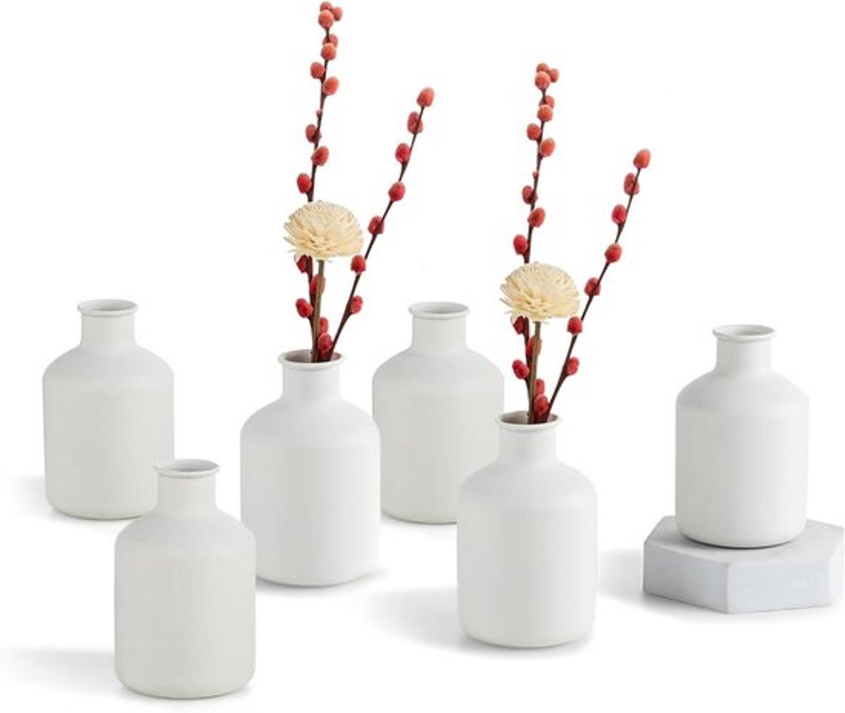 Kleine witte vaas voor gedroogde kunstbloemen - set van 6 Scandinavische metalen vazen - minimalistische cilindervaas voor woonkamer, bruiloft en kerst deco