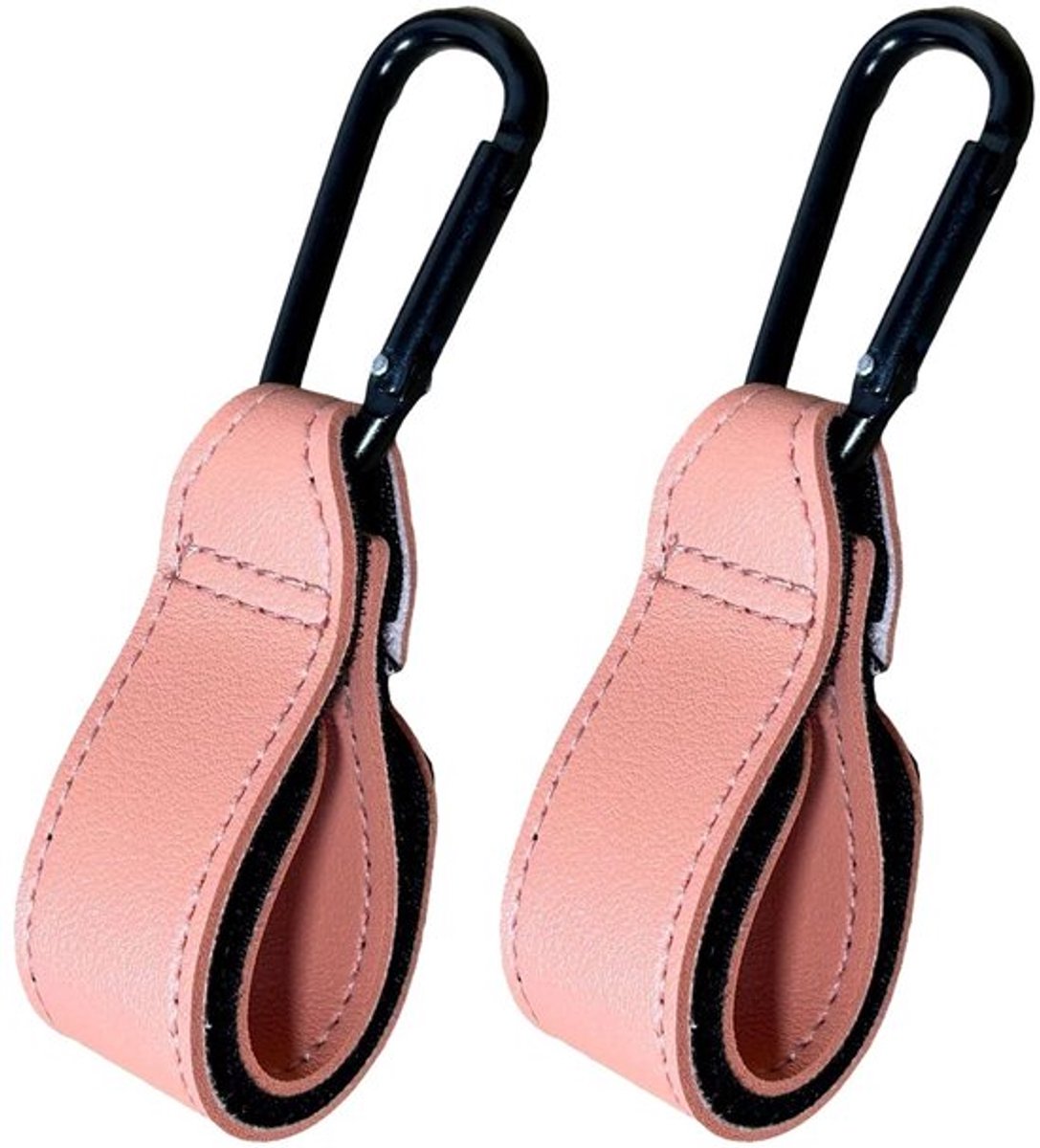 Haken voor Kinderwagen - 2 Haken - Roze Kunstleer - Aluminiumlegering - Tot 15 kg - 360° Draaibaar - Kinderwagenclips