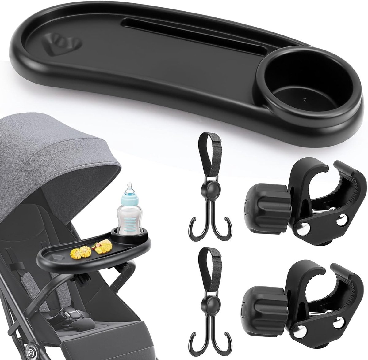 Snackhouder met 2 haken - Multifunctionele legplank en bijzettafel voor kinderwagens, ideaal voor onderweg