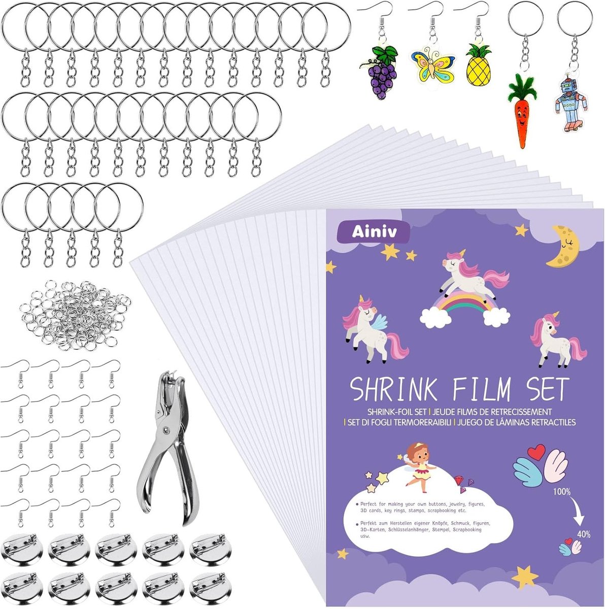 181-delige set gekke plastic vellen met 20 transparante vellen | Creatieve set met perforator, open gesp, sleutelhanger, broche en oorhaak voor knutselprojecten en DIY-activiteiten