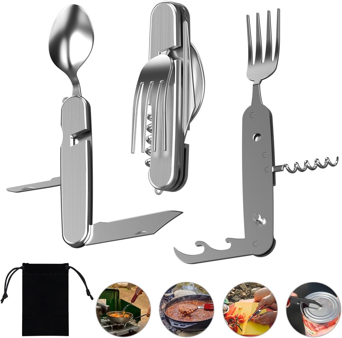 Multifunctionele 6-in-1 Vouwbestekset met Mes, Vork, Lepel en Flessenopener voor Kamperen en Wandelen