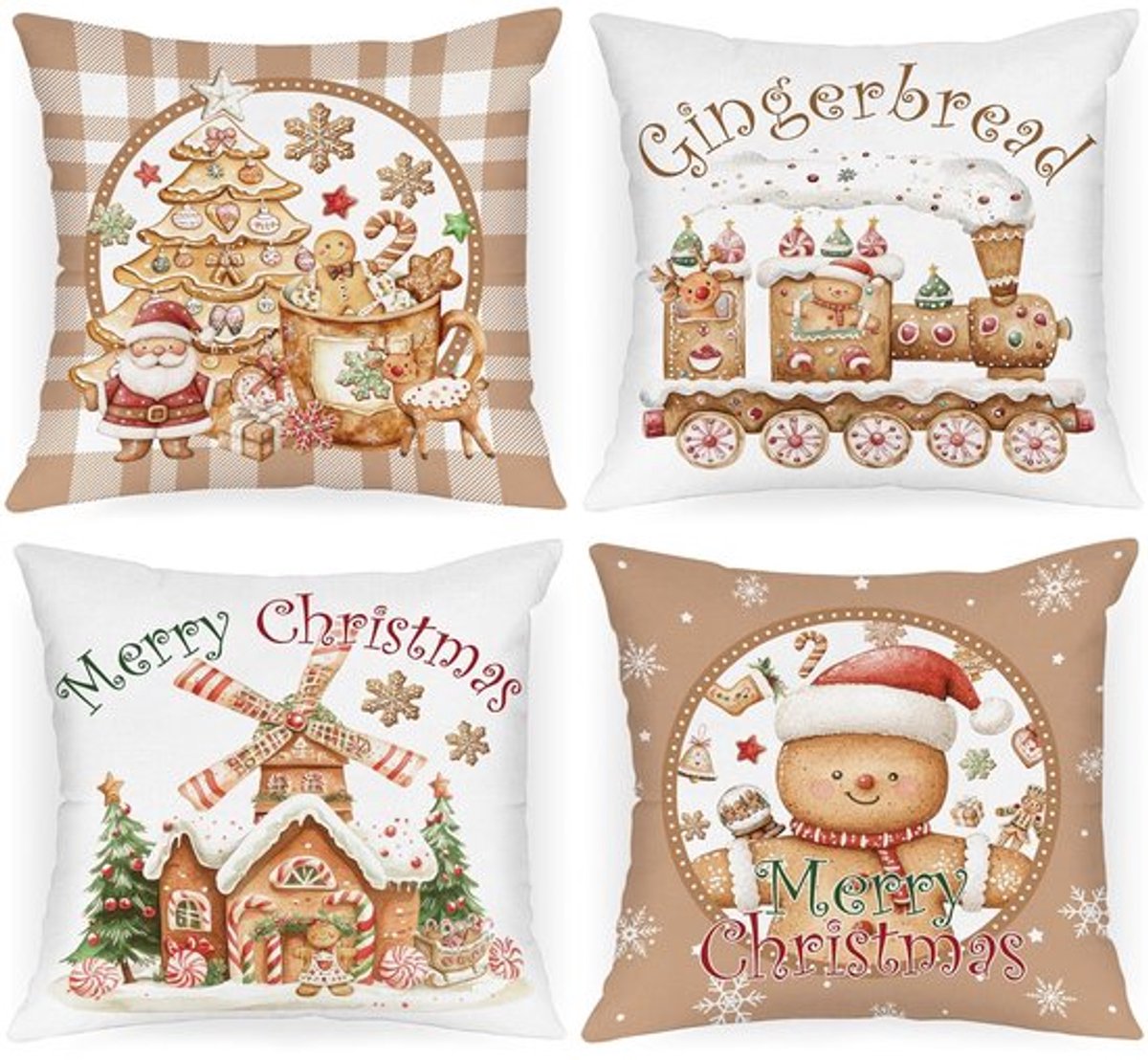 Kussenhoezen 40 x 40 cm Set van 4 - Kerst Decoratieve Kussenhoezen - Peperkoekmannetje - Luxe Pluche - Kindvriendelijk - Huisdiervriendelijk - Decoratieve Kussenslopen