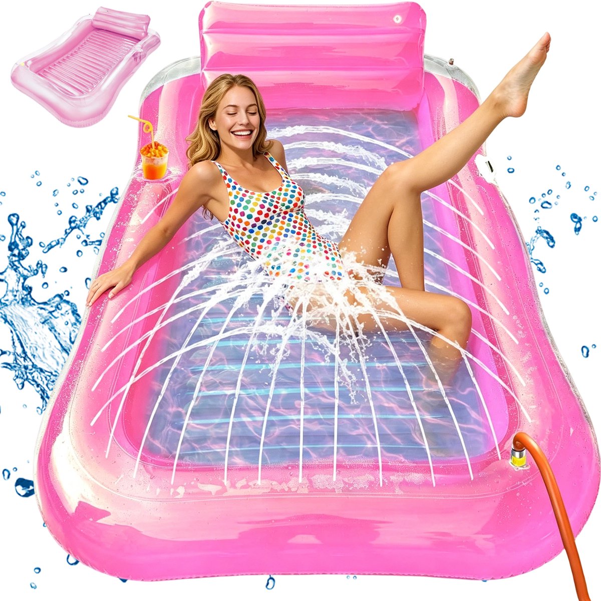Tanning Bed met Sproeier – Opblaasbare Tanning Pool – Luchtbed Zembad – Water Drijvende Ligbed - Kinderbadje - met Afneembaar Nekkussen & Bekerhouder – 200 x 124 cm - Zwembadmat - Voor Zwembadfeest & Strand & Tuin - Waterspeelgoed