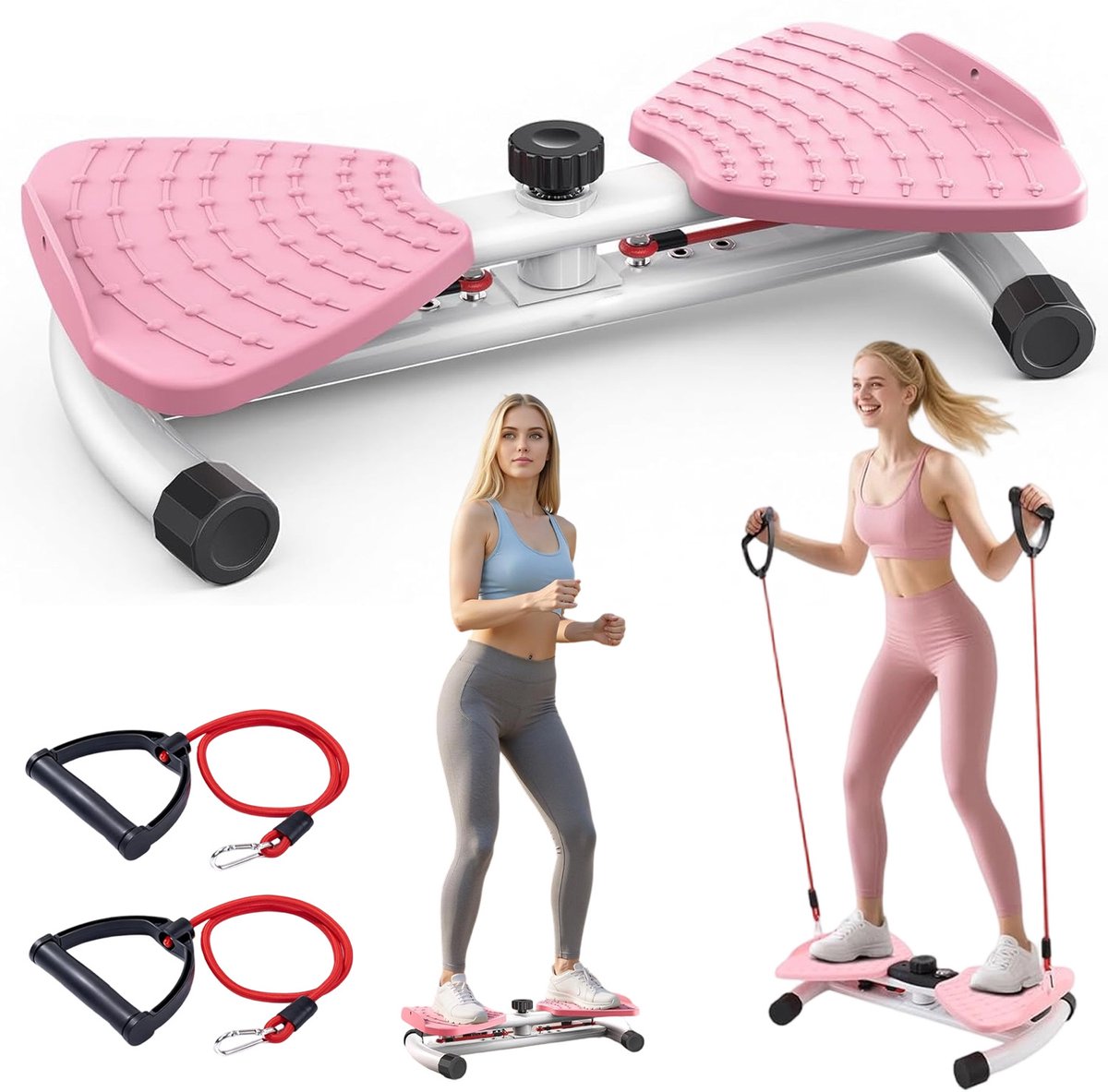 Taille Twister Fitness Schijf - Buikspiertrainer & Draaibord - Taille Twist Machine - Draaiplateau Fitness - met 2 Weerstandskabels & Antislip Voetplaten - Tot 100 kg Belastbaar - Voor Core Training & Taille Verstevigen - Roze