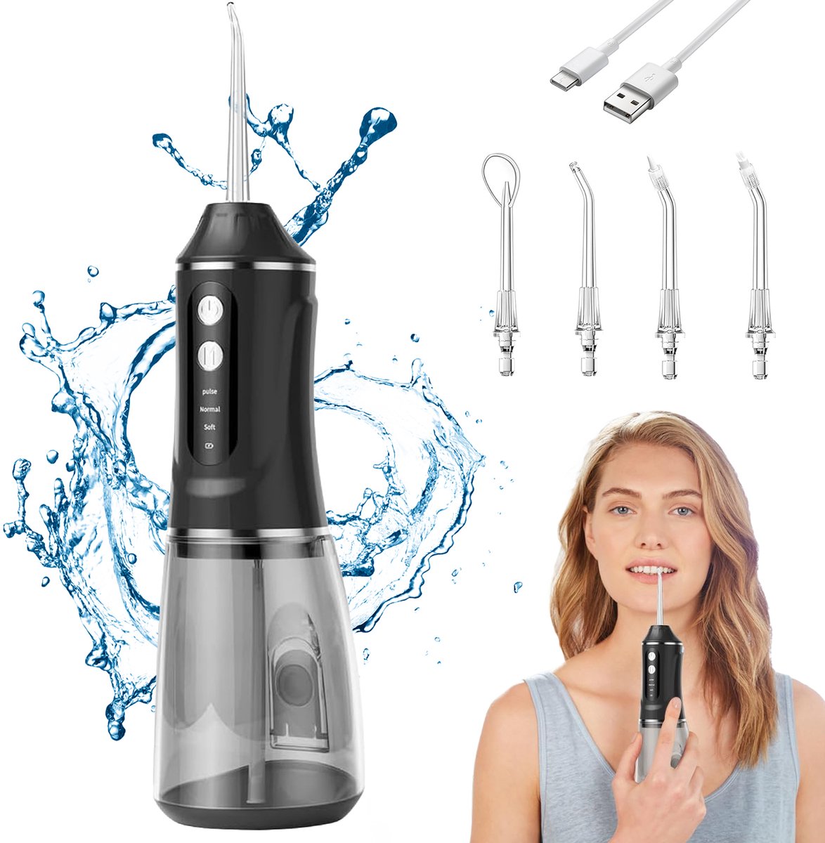 Waterflosser Draadloos - Monddouche Draagbaar - Elektrische Water Flosser - 3 Drukniveaus - 380 ml Waterreservoir - 360° Draaibare Sproeier - 4 Vervangbare Sproeiers - Flosapparaat - Voor Gevoelig Tandvlees - Mondverzorging