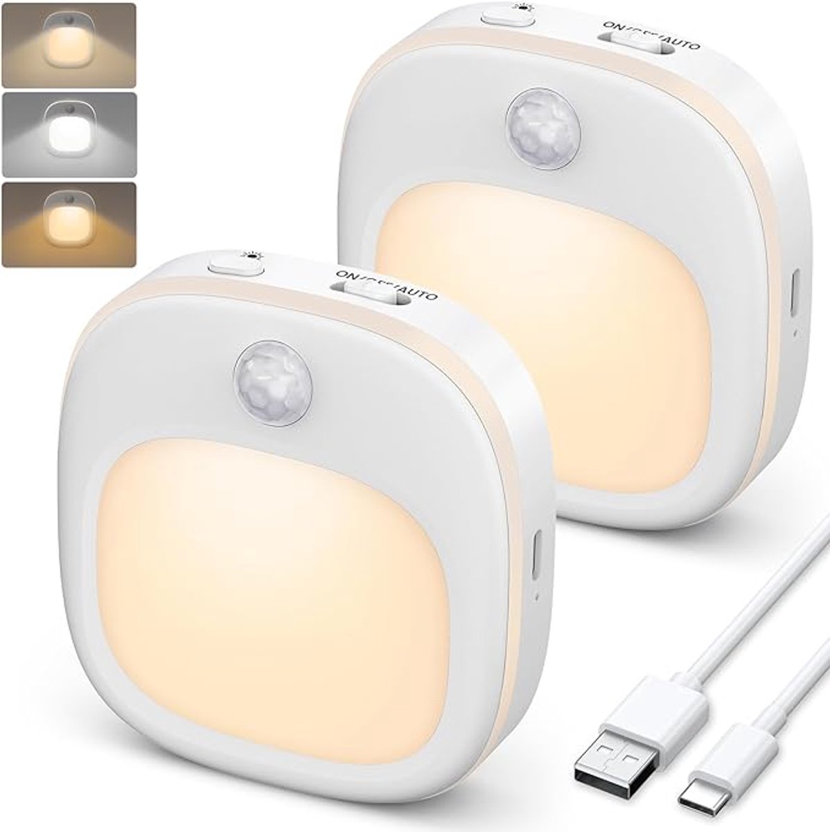 LED Nachtlampje met Bewegingssensor, 2 Stuks, Oplaadbaar, 3 Lichtkleuren, Dimbaar, voor Trap, Hal en Slaapkamer