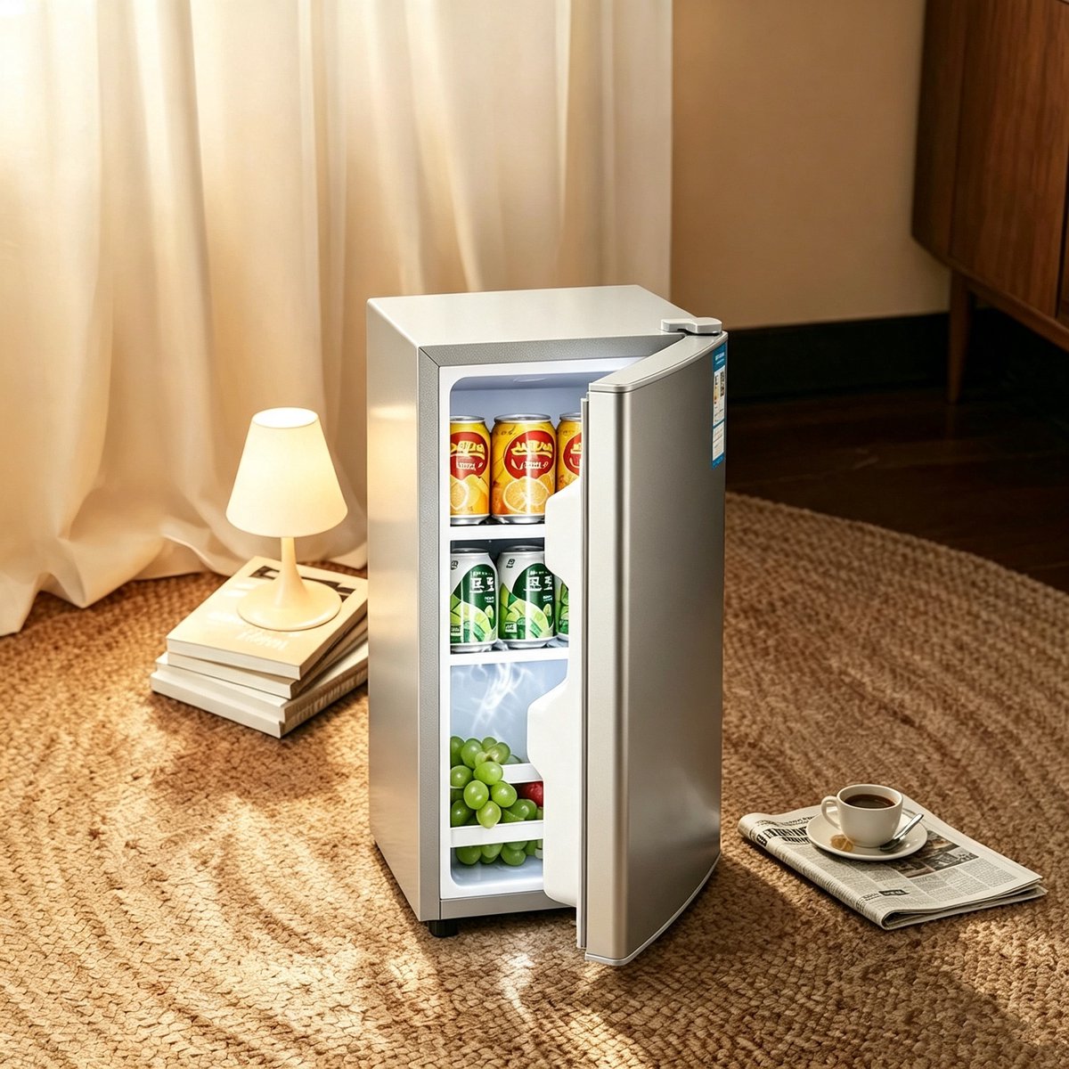Zilverkleurige één‑deurs minikoelkast van 29 liter met alleen koelfunctie, energie‑efficiëntieklasse A, stil bedrijf van 38 decibel, afmetingen 55×40×39 cm, geschikt voor studentenkamers, kantoren en slaapkamers
